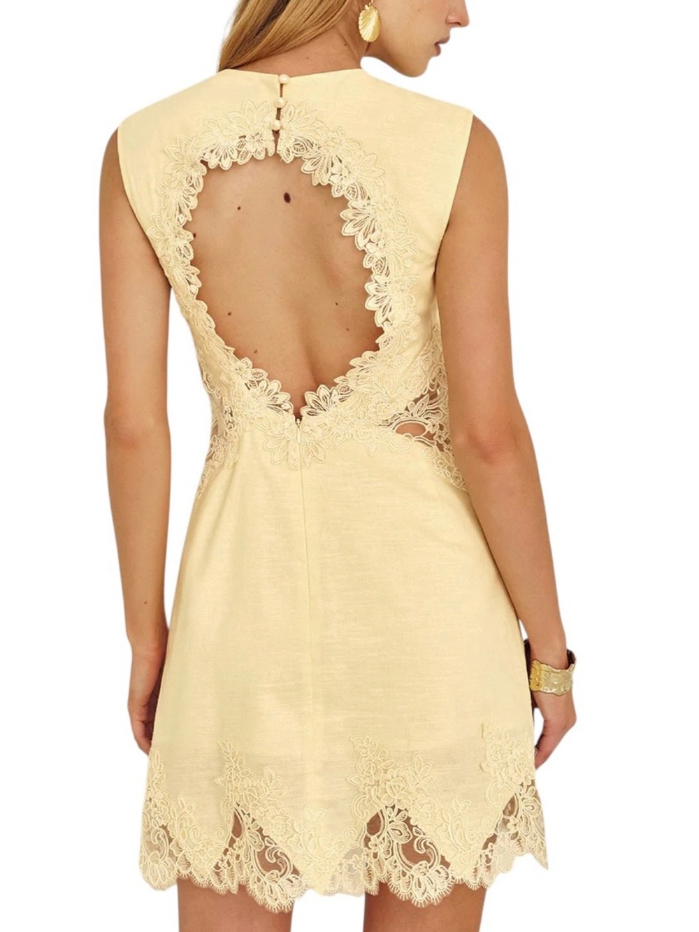 Commense Butter Yellow Lace Open Back Mini Dress Cotton Linen Blend NWT Small